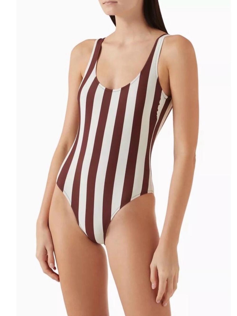 Striped One-Piece Swimsuit in Brown and Cream